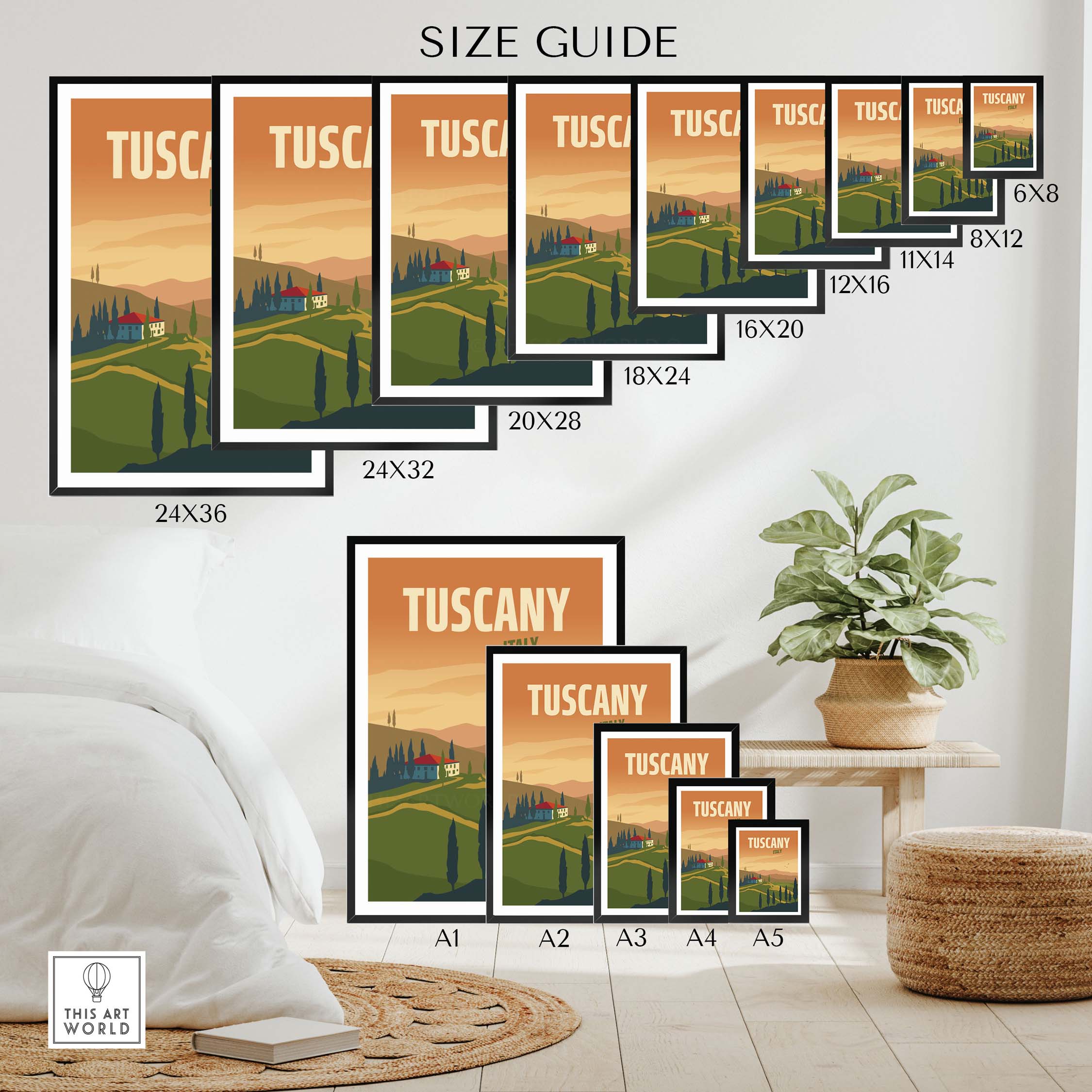 Size guide for Tuscany Poster Wall Art Print showcasing various frame sizes in a stylish home setting.