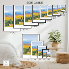 Size guide for Tuscany wall art print showcasing various frame sizes and a vibrant landscape of Tuscany.