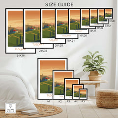Size guide for Tuscany Poster Italy Print featuring various frame sizes and a cozy interior setting.