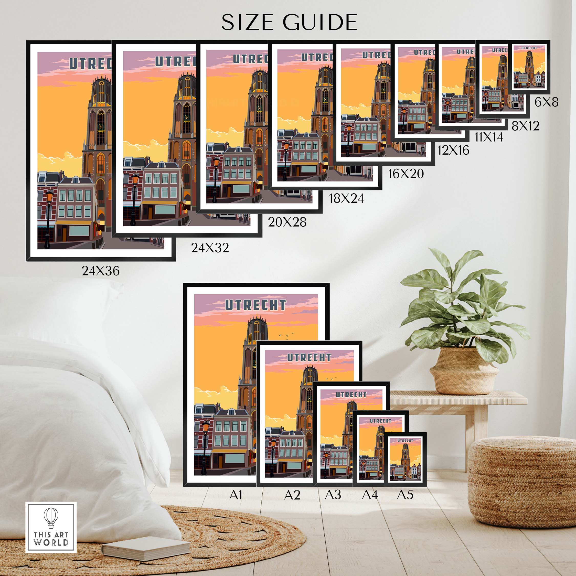 Size guide for Utrecht Print showcasing various dimensions of the Netherlands travel poster with Dom Tower design.