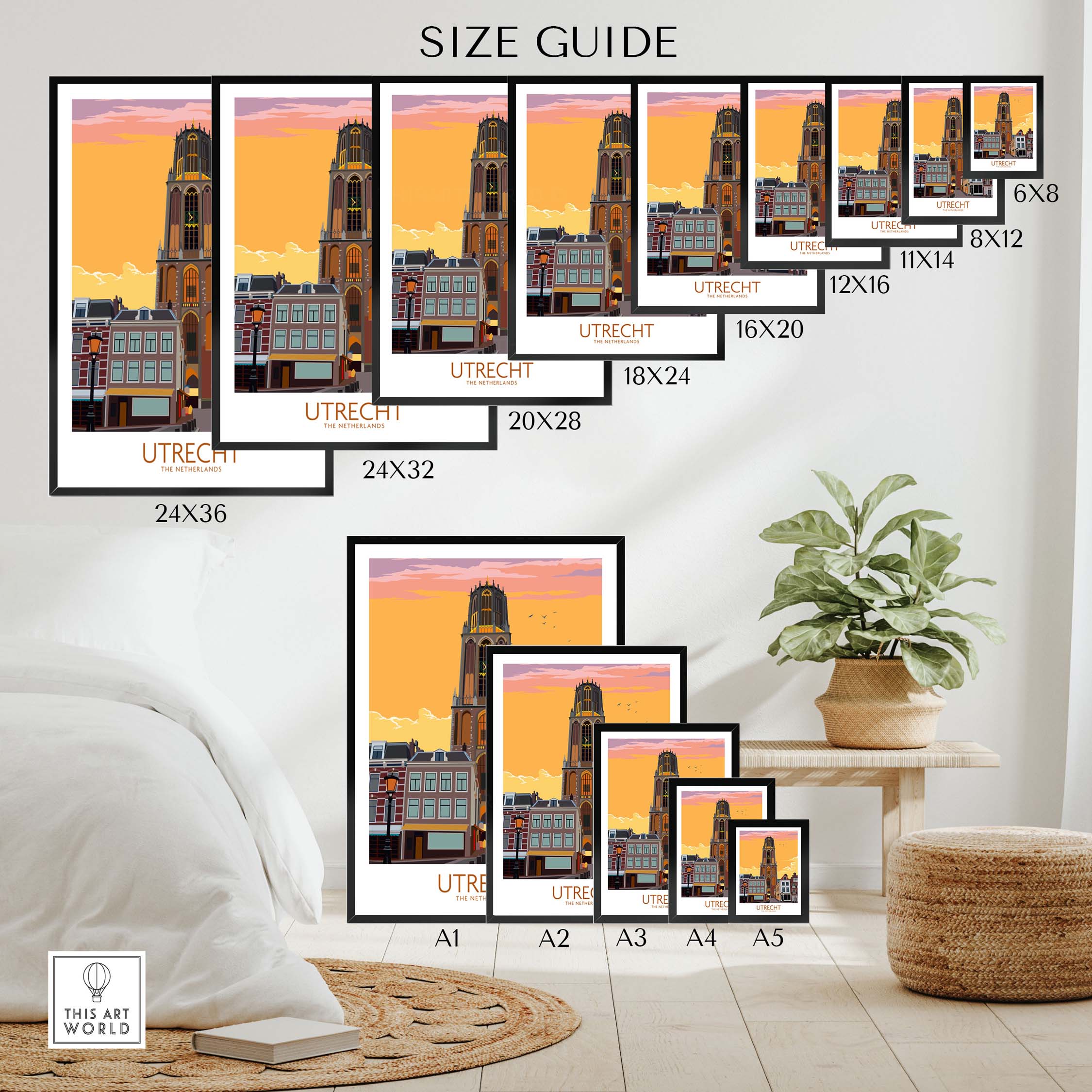 Utrecht Print Poster size guide featuring various frame sizes for home or office decor.