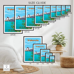 Size guide for Valencia Wall Art Print showcasing various frame sizes and minimalist design inspired by Spain.