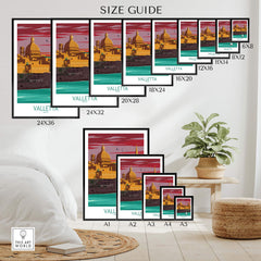 Valletta Print Malta Poster size guide showcasing various frame options for stylish wall art.