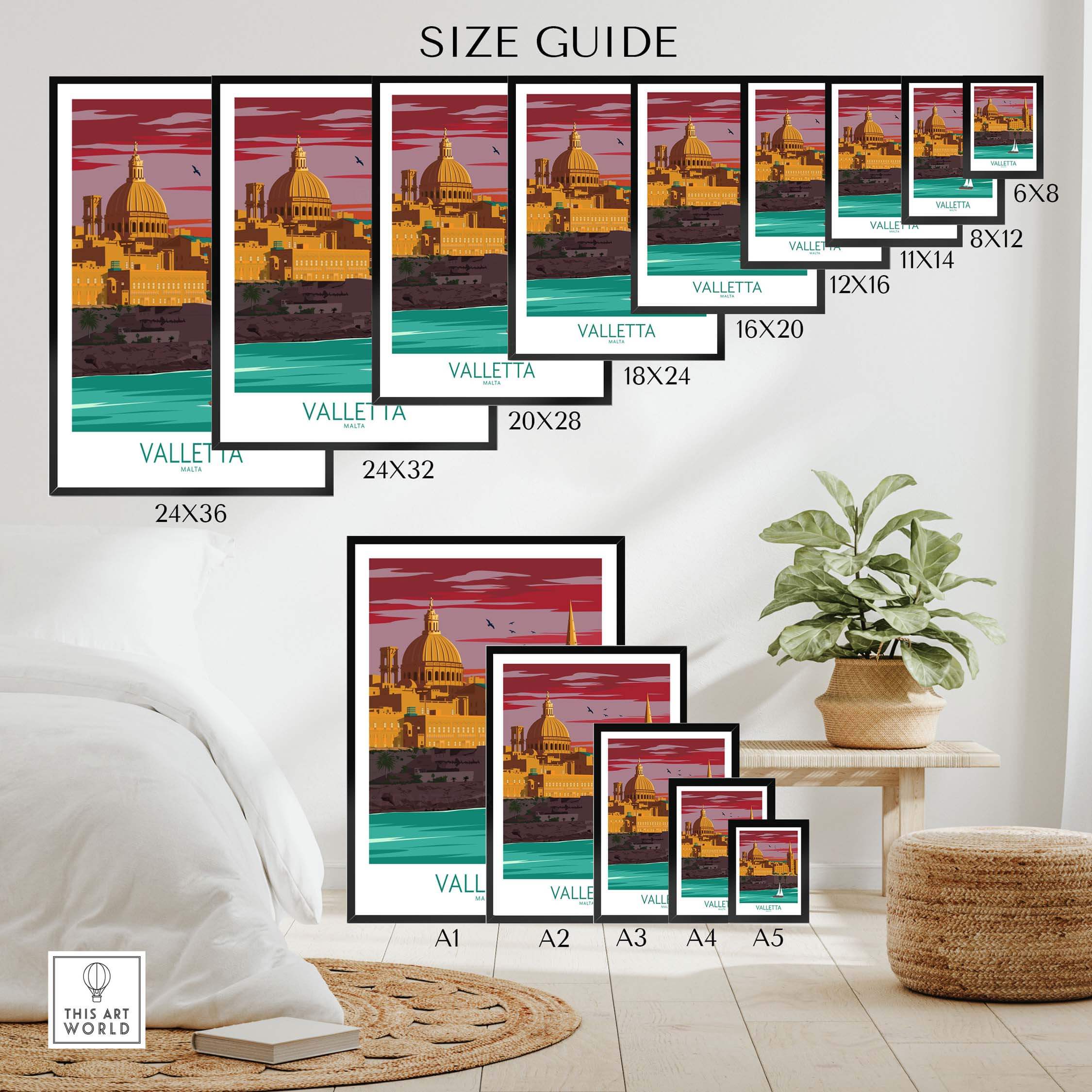 Valletta Print Malta Poster size guide showcasing various frame options for stylish wall art.