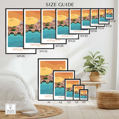 Size guide for Vatican Poster prints in various dimensions and frame options for stylish wall art.