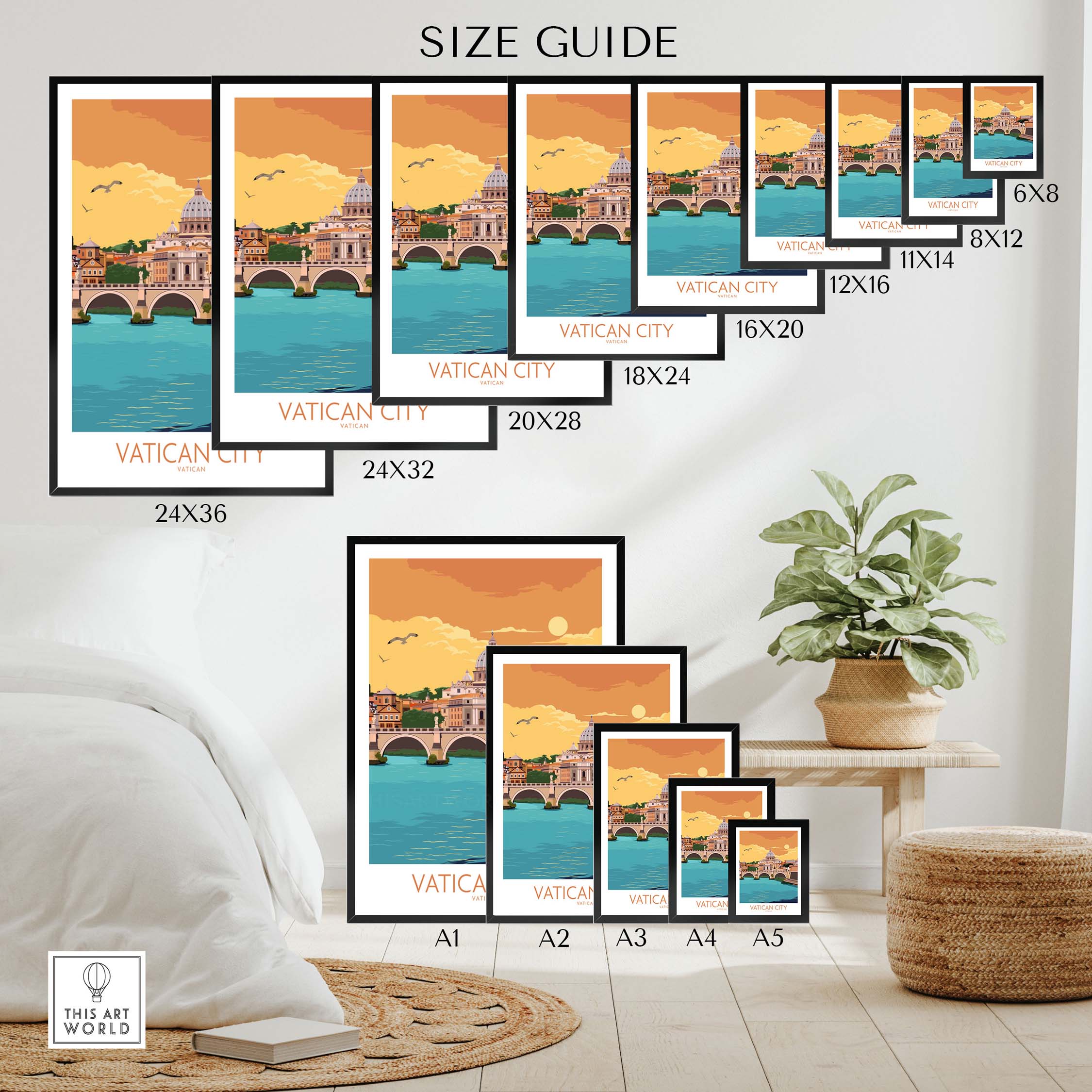 Size guide for Vatican Poster prints in various dimensions and frame options for stylish wall art.