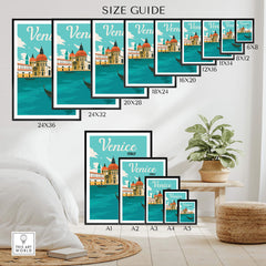 Size guide for Venice Poster Wall Art Print showcasing various frame sizes and a stylish interior setting.