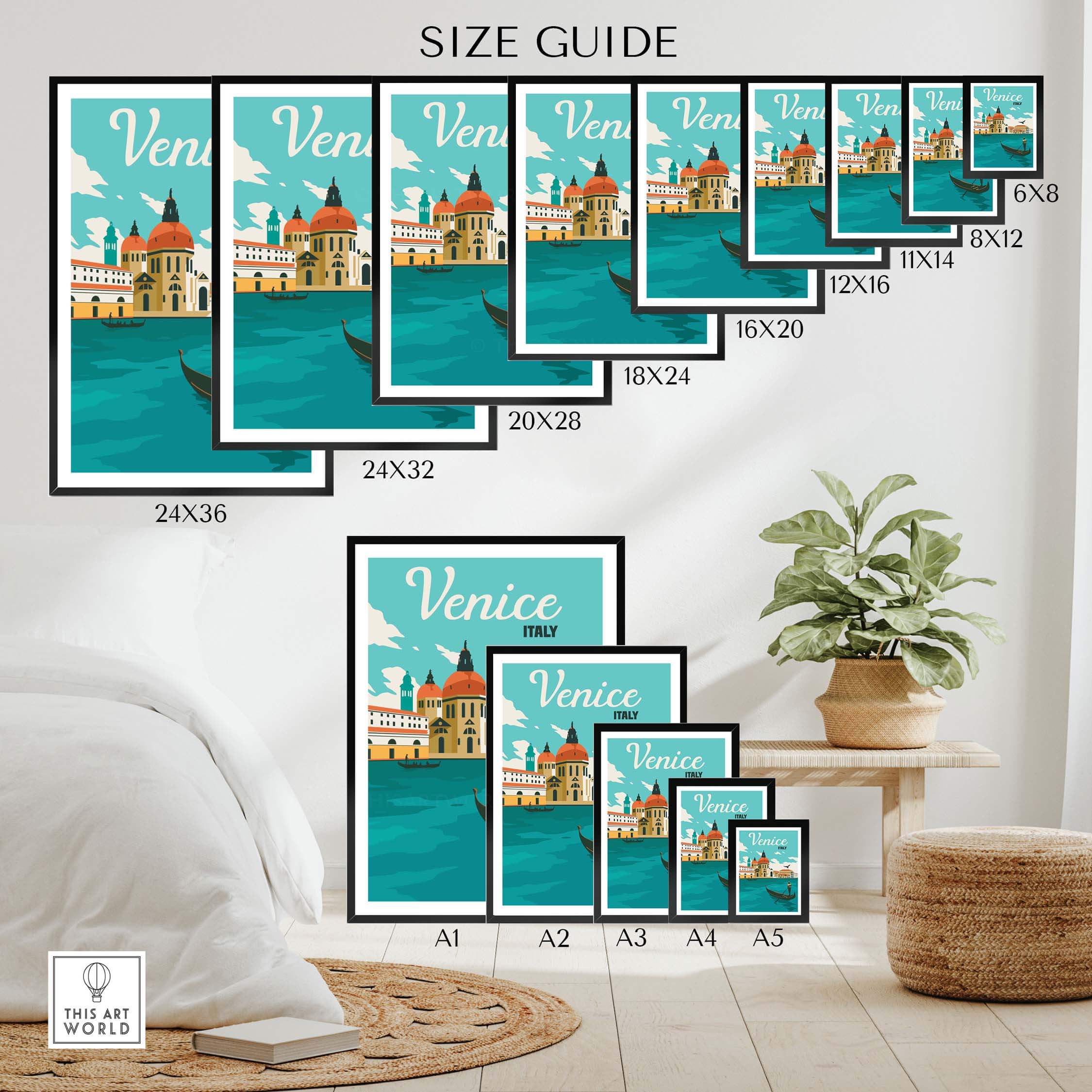 Size guide for Venice Poster Wall Art Print showcasing various frame sizes and a stylish interior setting.