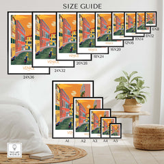 Venice poster travel print size guide showcasing various framed and unframed options for stylish wall art.