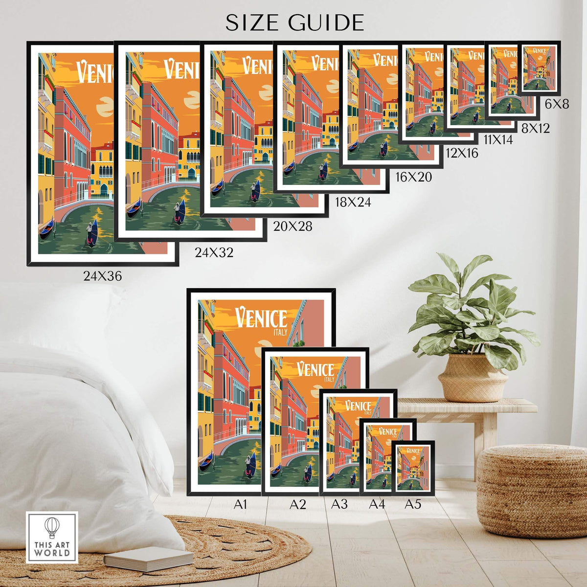 Venice Italy poster print size guide showcasing various frame options for stylish wall art decor.
