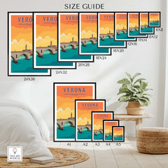 Verona Italy Print size guide showcasing various frame sizes for stylish wall art.