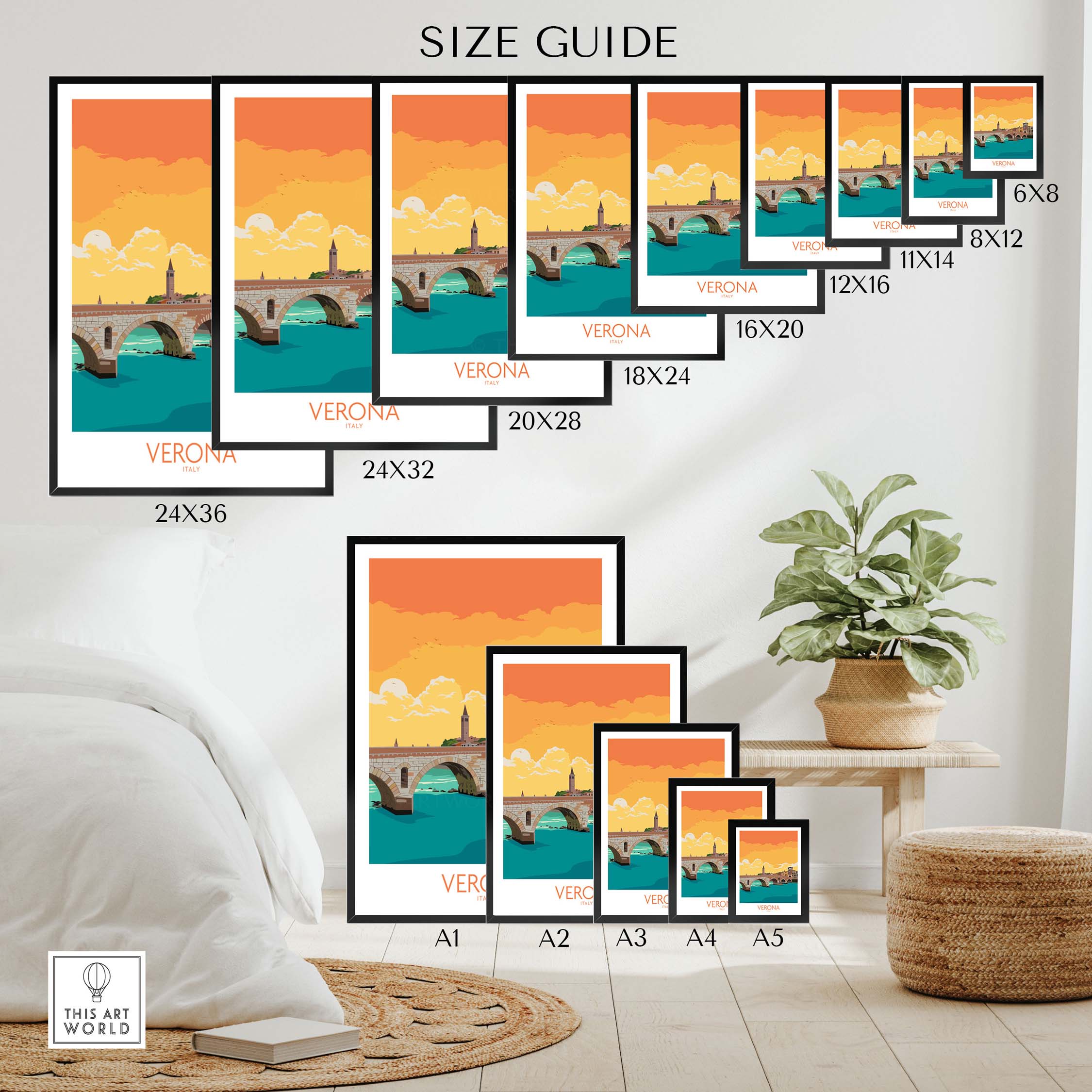 Size guide for Verona Poster Italy featuring various print sizes and styles in a stylish home setting.