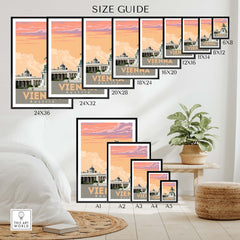 Size guide for Vienna Poster Austria Print showcasing various frame sizes and style options for wall art.