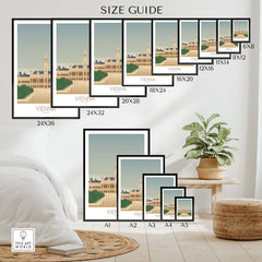Size guide for Vienna wall art prints, showcasing various dimensions for framed and unframed options.