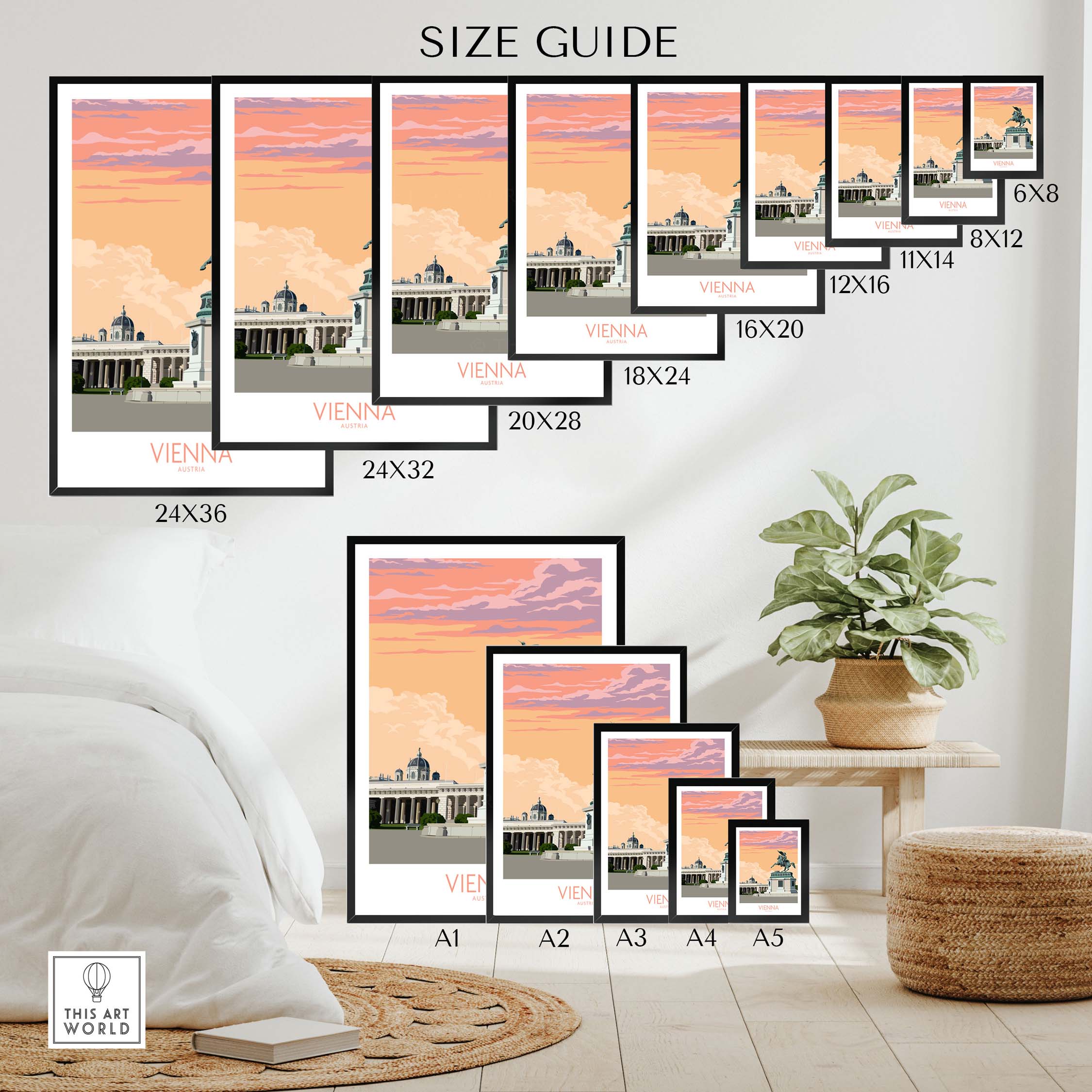 Size guide displaying various frame sizes for Vienna Print Austria Travel Poster, showcasing elegant wall art options.