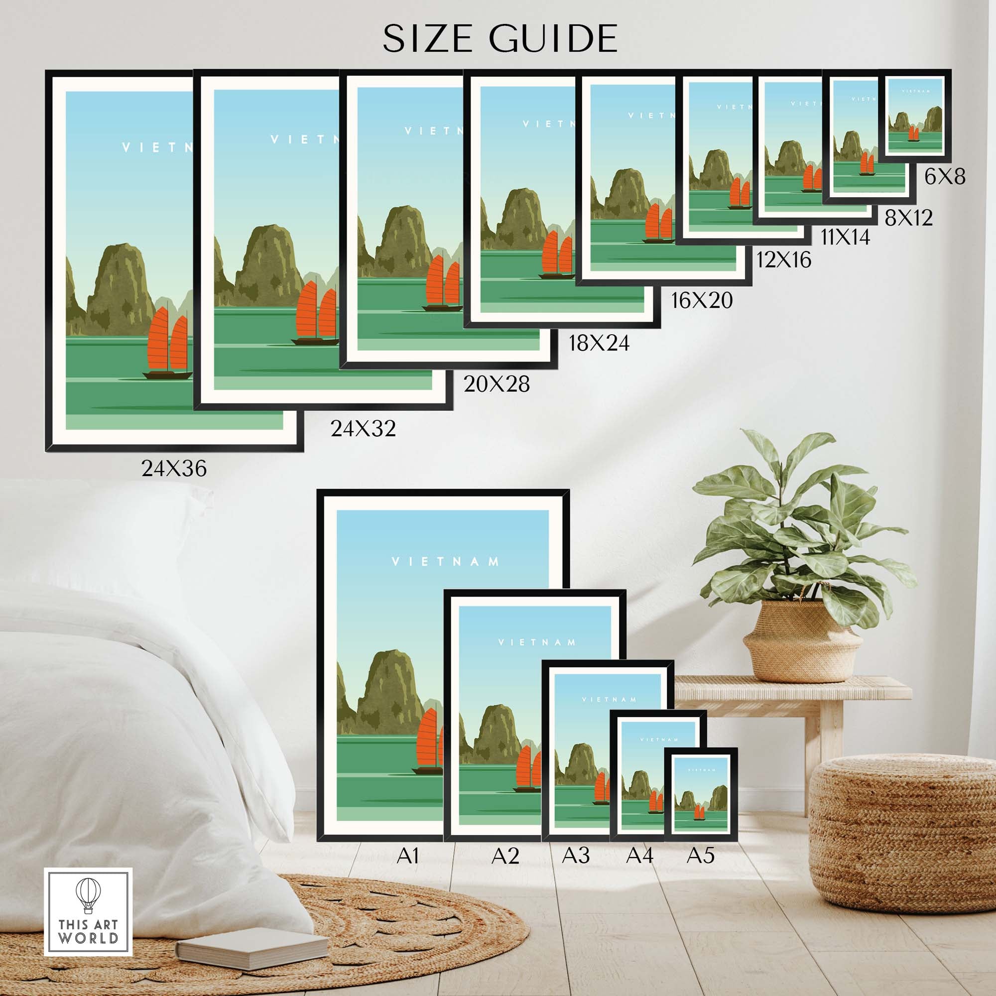 Vietnam travel poster print size guide showcasing various frame options and minimalistic design.