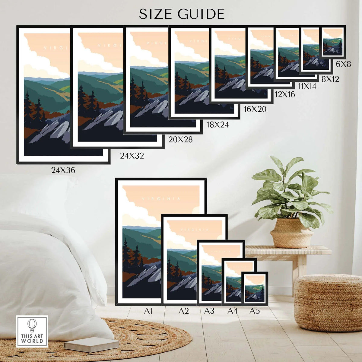 Virginia travel poster print size guide showcasing various dimensions for stylish wall art.