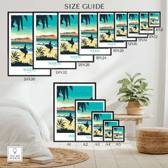 Waikiki Hawaii poster print size guide showcasing various frame sizes in a stylish home setting.