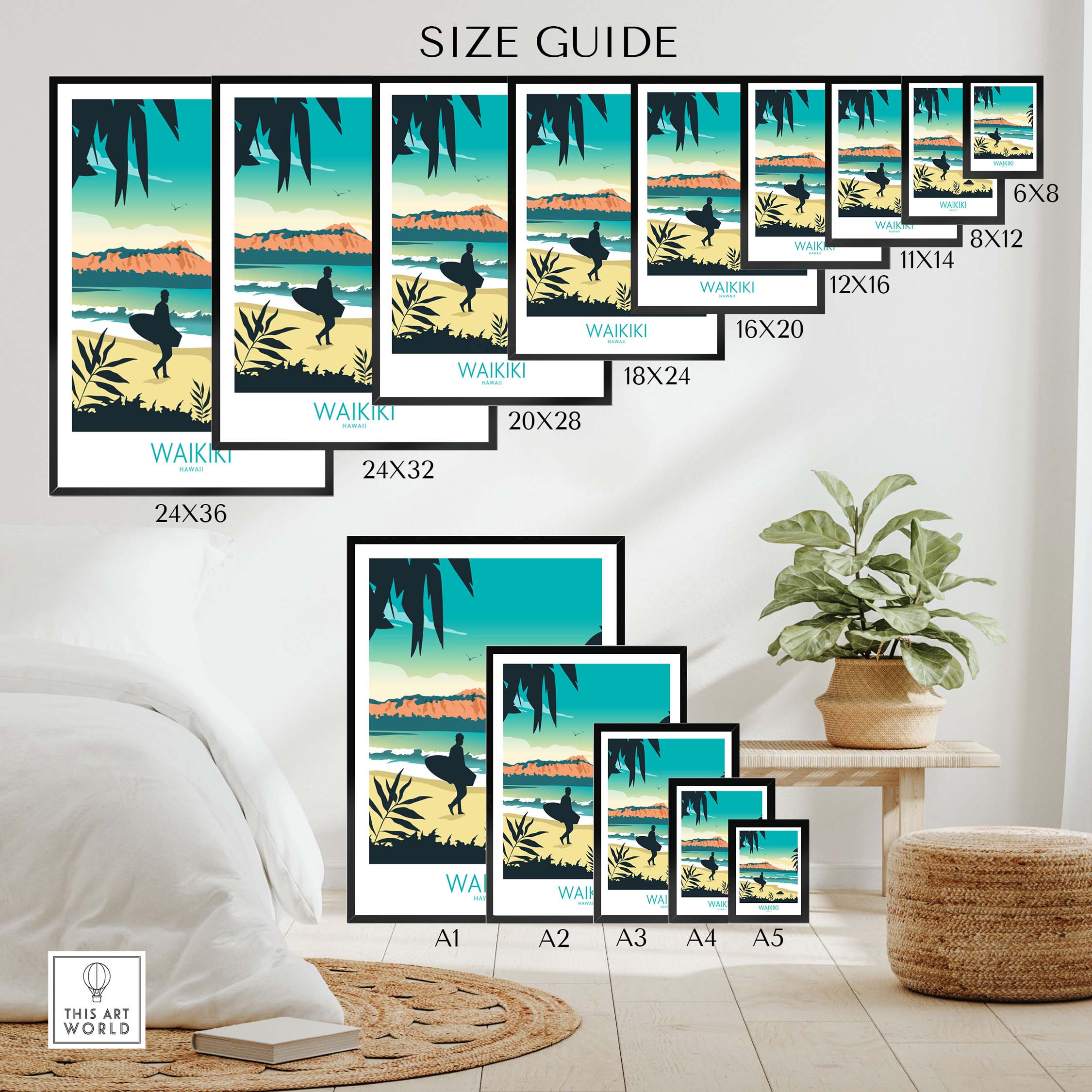 Waikiki Hawaii poster print size guide showcasing various frame sizes in a stylish home setting.