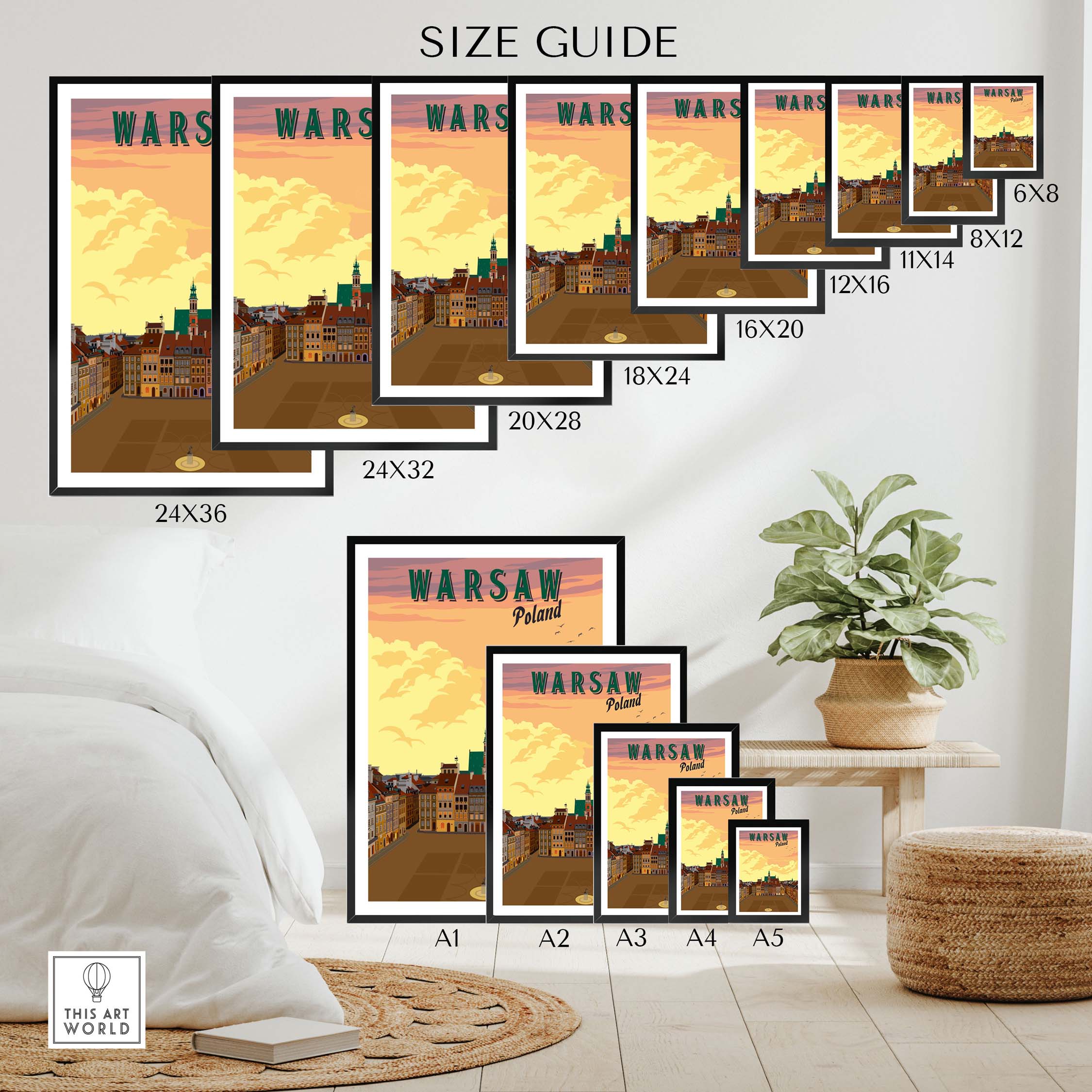 Size guide for Warsaw Poster Poland showcasing various frame sizes and vintage design.