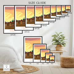 Size guide showcasing various frame sizes for the Warsaw Print Poland Poster in a stylish interior setting.