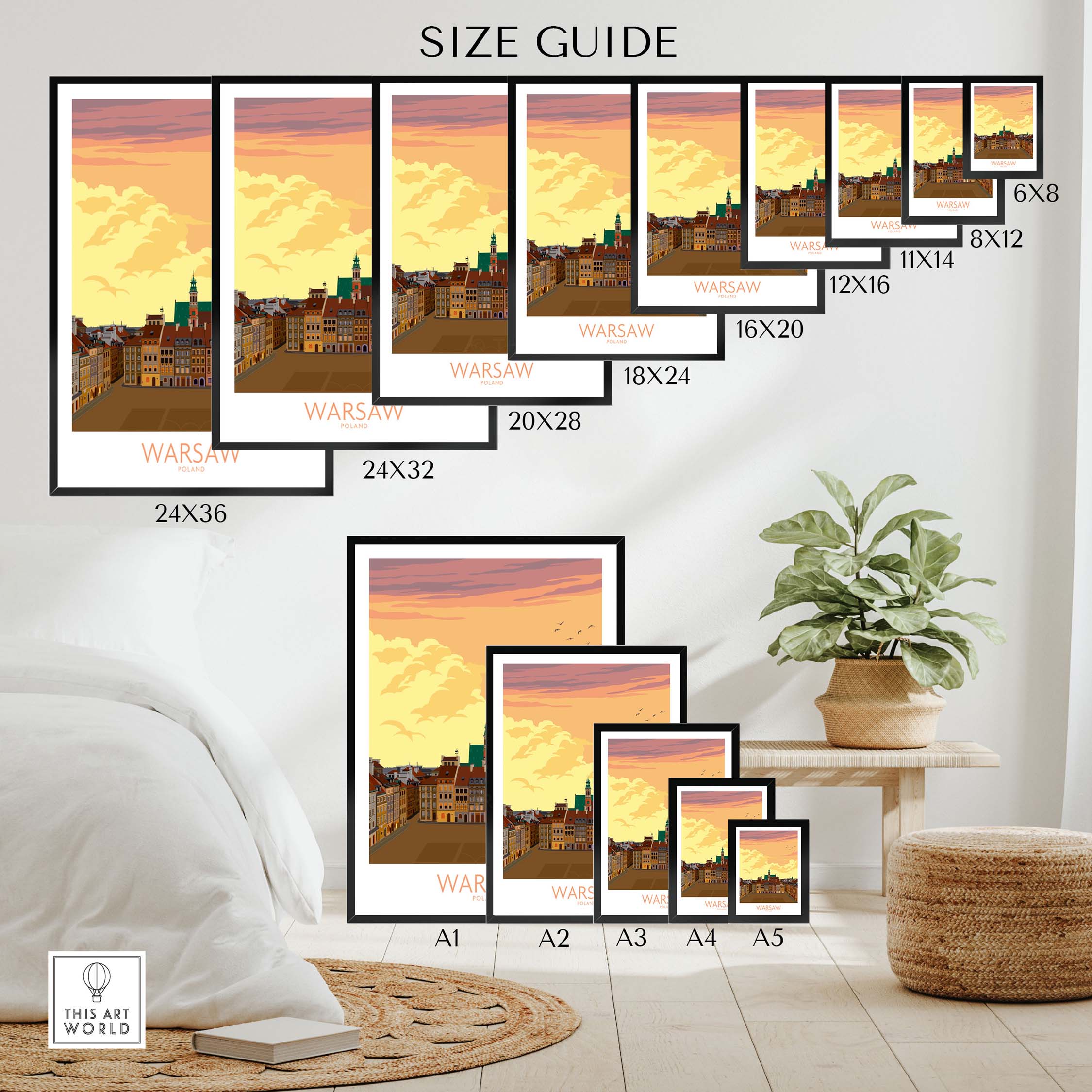 Size guide showcasing various frame sizes for the Warsaw Print Poland Poster in a stylish interior setting.