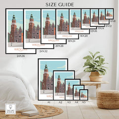 Wroclaw Print Poland Travel Poster size guide featuring various frame sizes in a stylish interior setting.