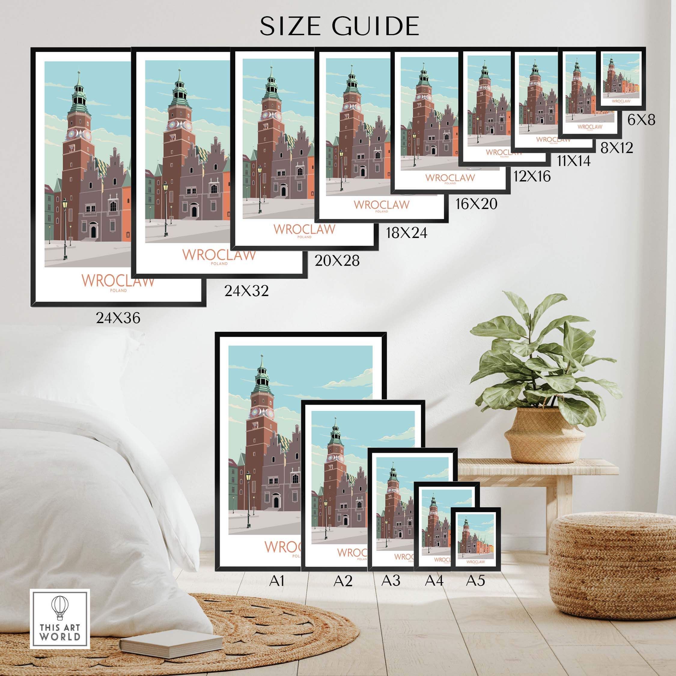 Wroclaw Print Poland Travel Poster size guide featuring various frame sizes in a stylish interior setting.
