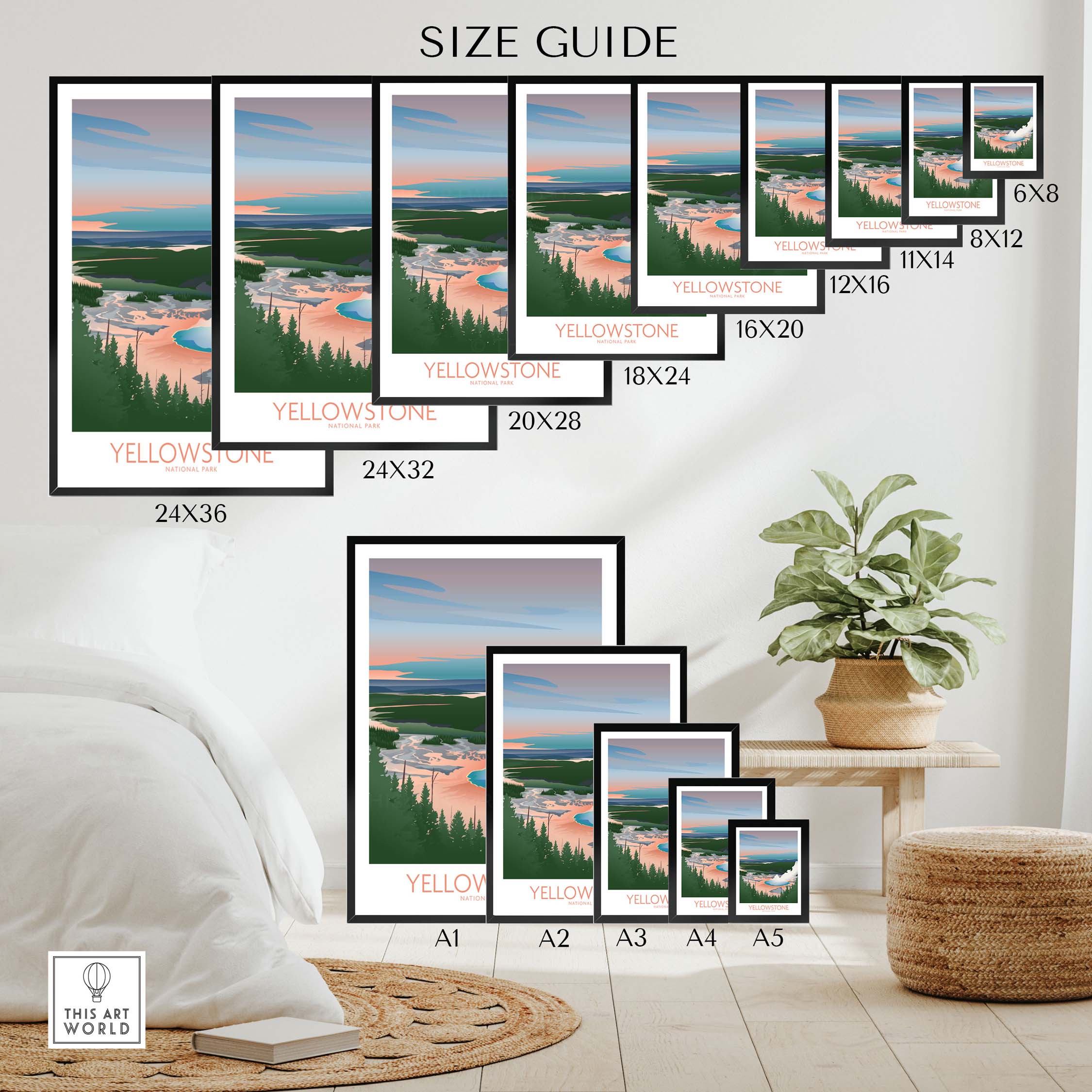 Size guide for Yellowstone National Park Art Print, showcasing various frame sizes and designs.