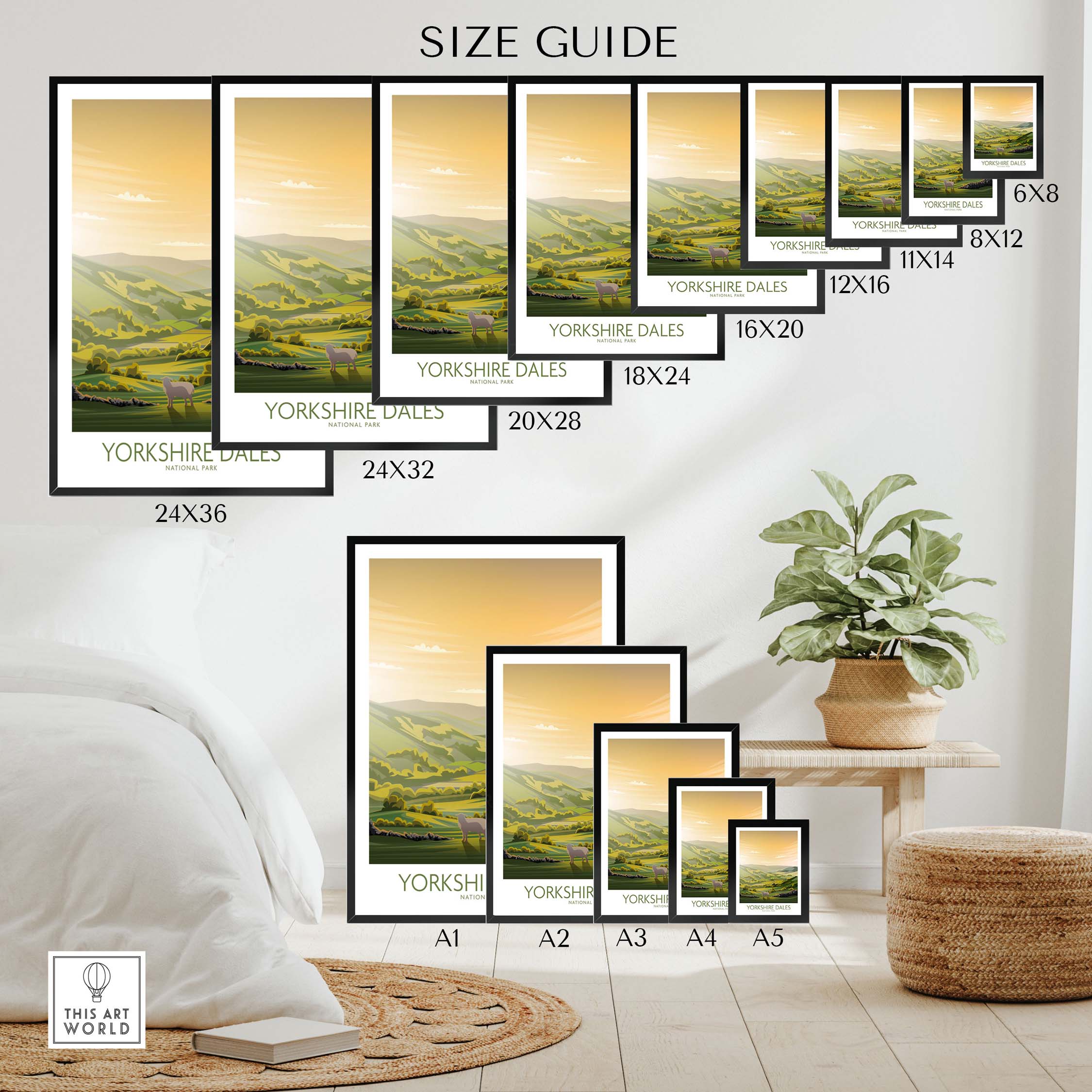 Size guide for Yorkshire Dales National Park poster art print in various frame sizes and styles.