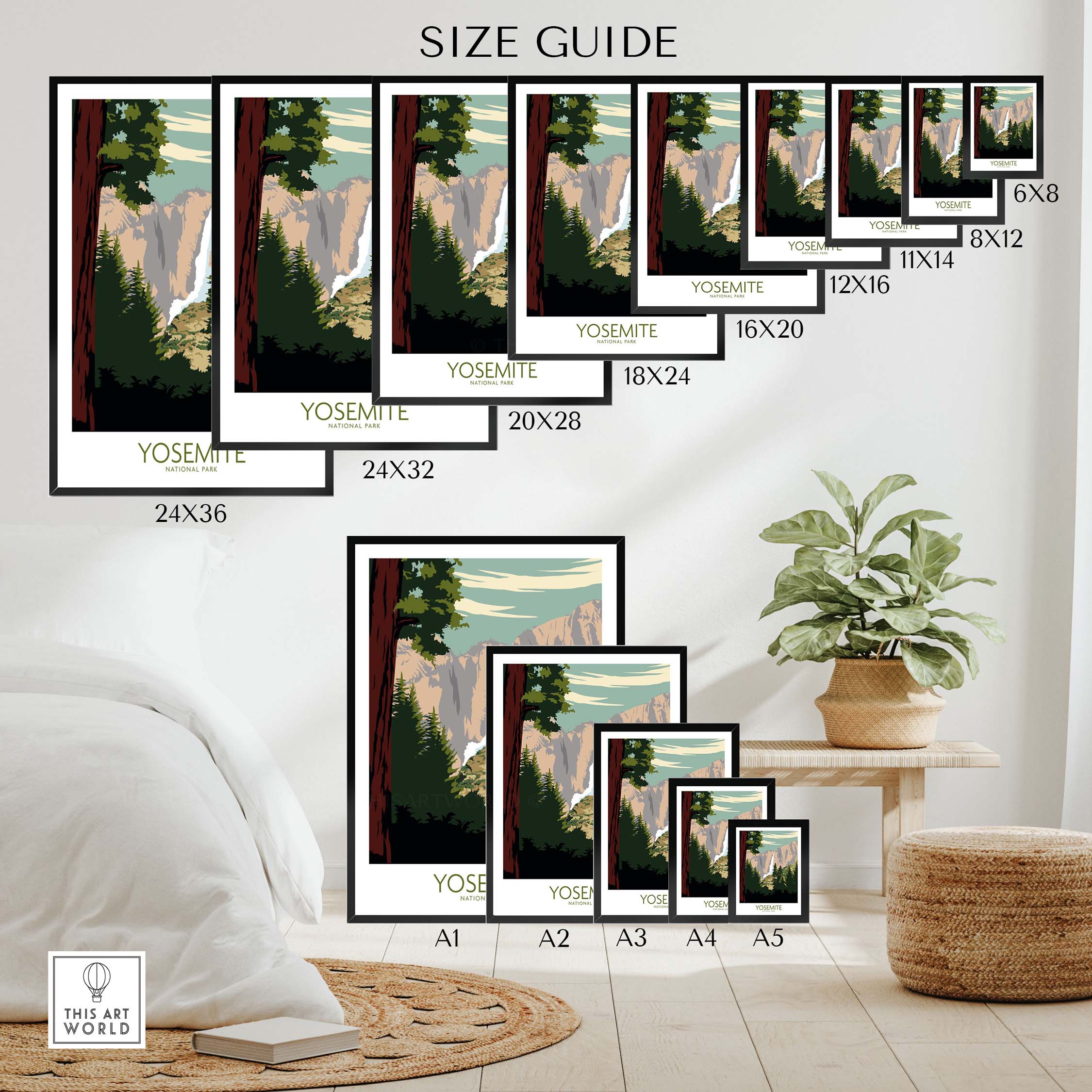Yosemite Park poster print size guide showcasing various dimensions for wall art options.