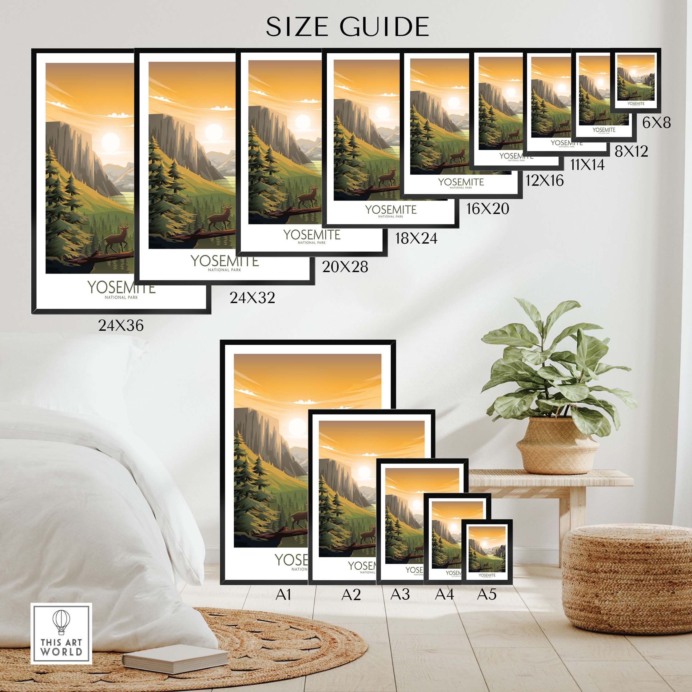 Size guide for Yosemite Wall Art poster displaying available dimensions and framed options for home decor.