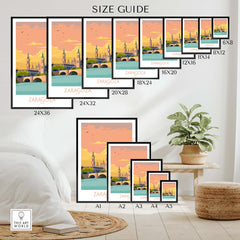 Zaragoza Spain poster size guide showcasing various frame sizes for stylish wall art options.