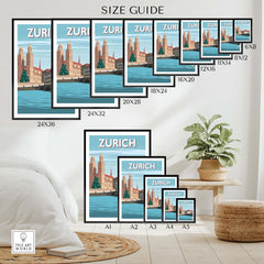 Zurich Switzerland travel poster print size guide with various frame options for home decor.