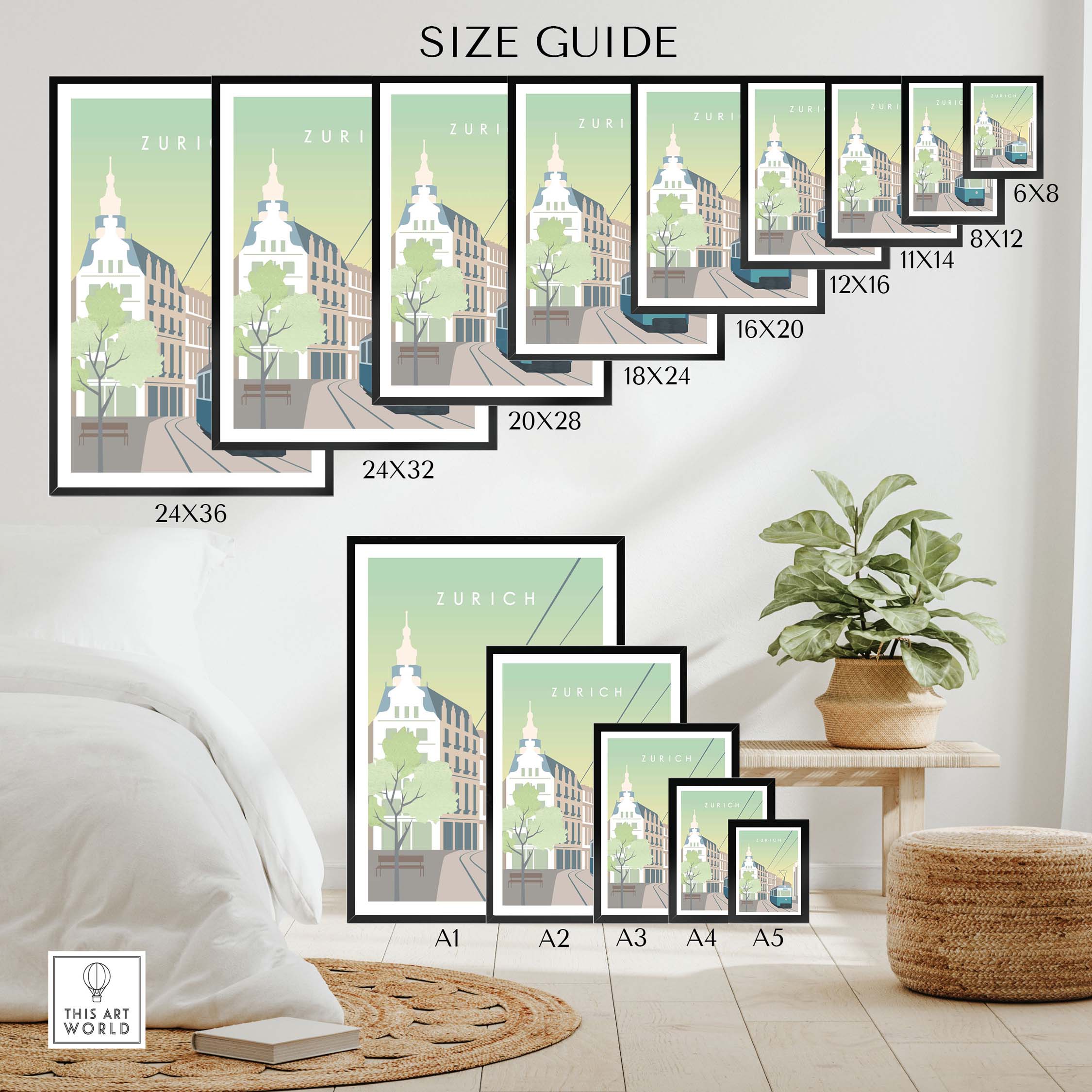 Size guide for Zurich Print Wall Art Poster in various frame sizes, showcasing stylish design options.