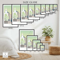 Size guide for Zurich Print Travel Poster showing various frame sizes for art prints.