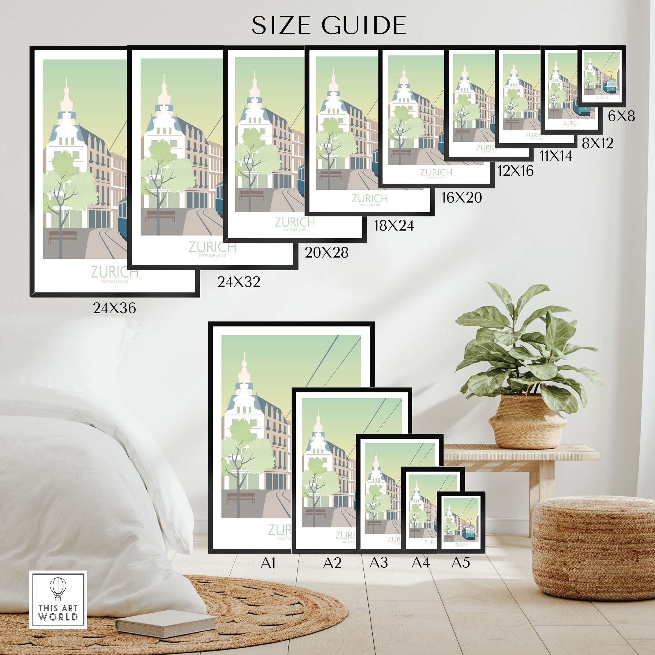 Size guide for Zurich Print Travel Poster showing various frame sizes for art prints.