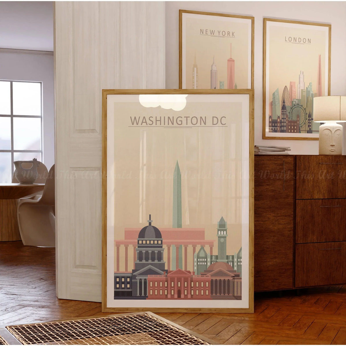 Washington DC Skyline Poster wall art print showcasing iconic landmarks in a stylish interior setting.