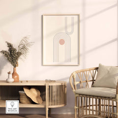 Abstract art print featuring minimalist lines and shapes in a stylish living room setting, perfect for modern decor.