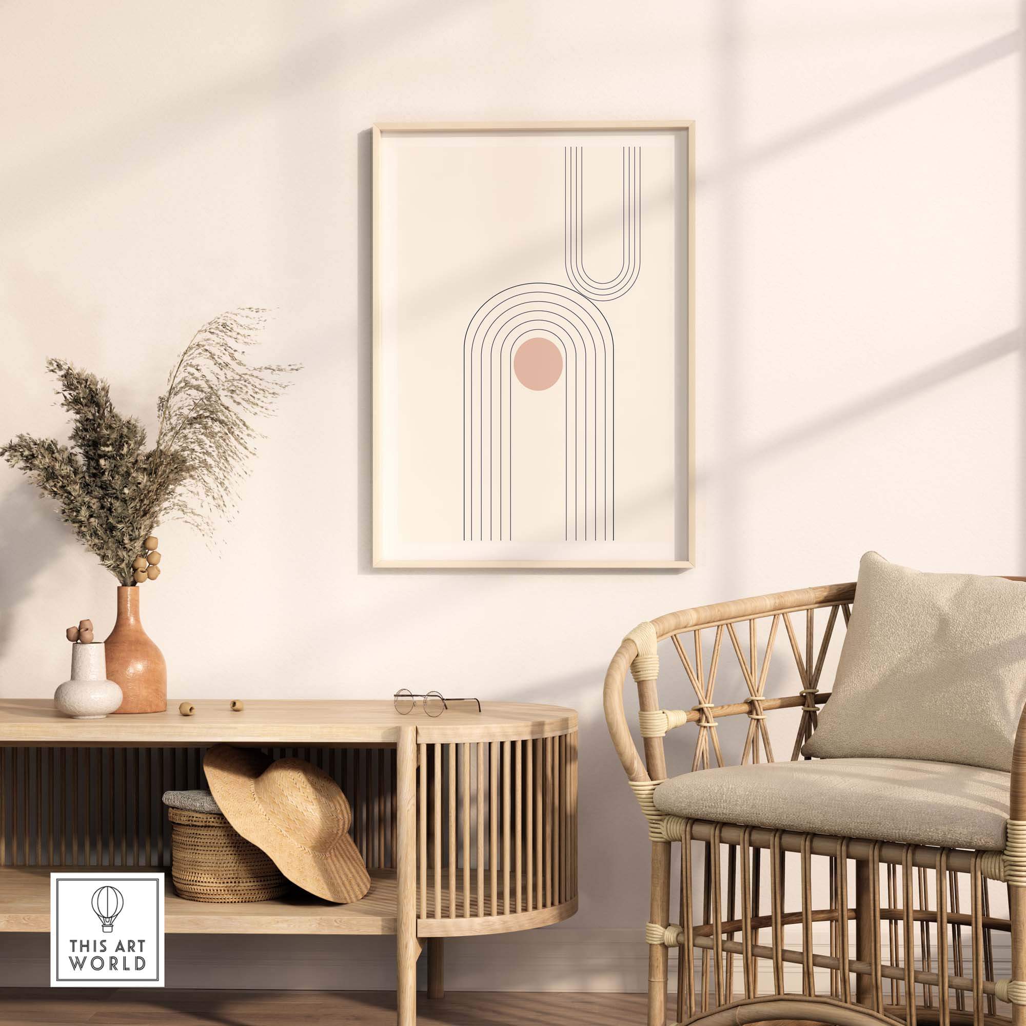Abstract art print featuring minimalist lines and shapes in a stylish living room setting, perfect for modern decor.
