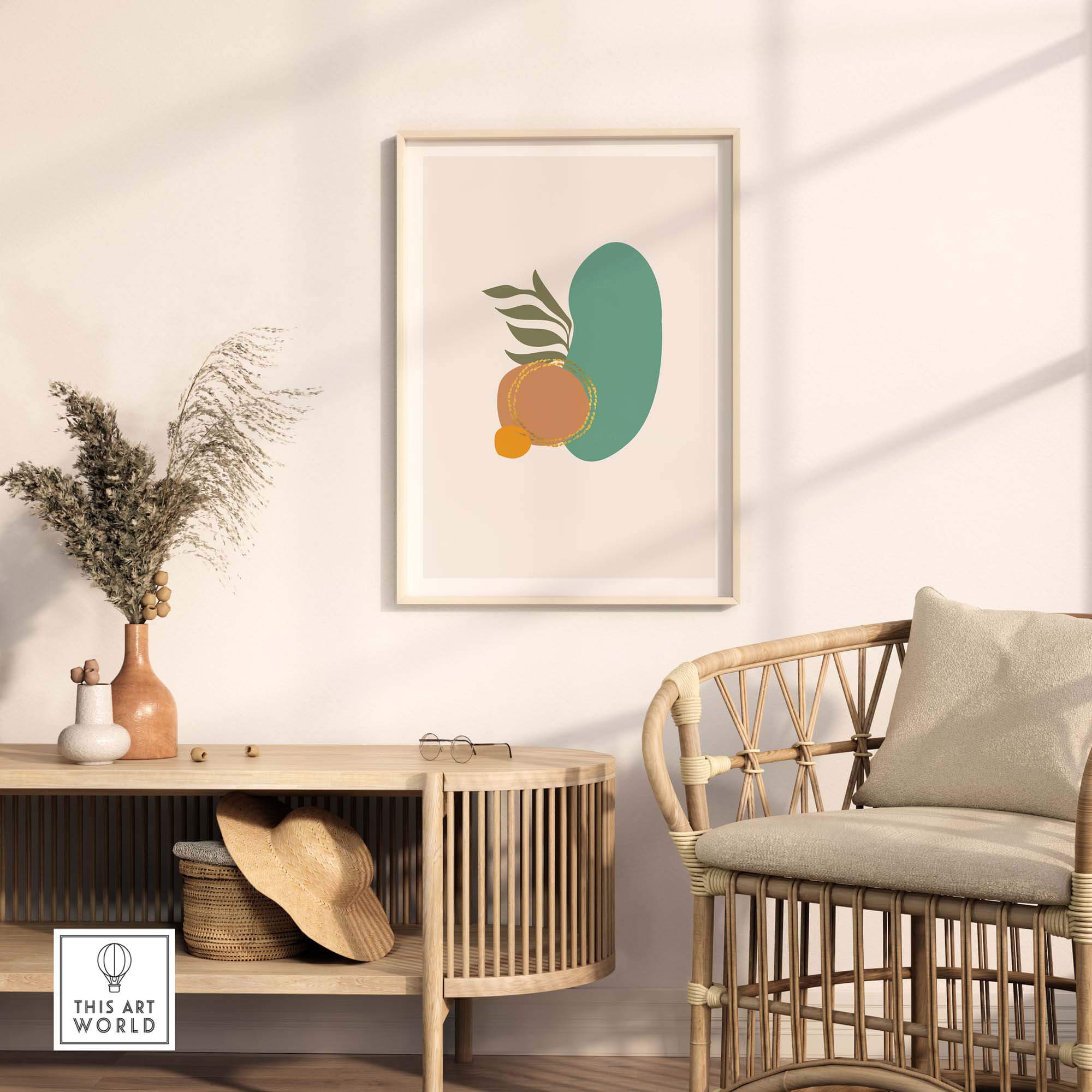 Mid Century wall art with abstract shapes featuring a green form and orange fruit in a stylish living room setup.