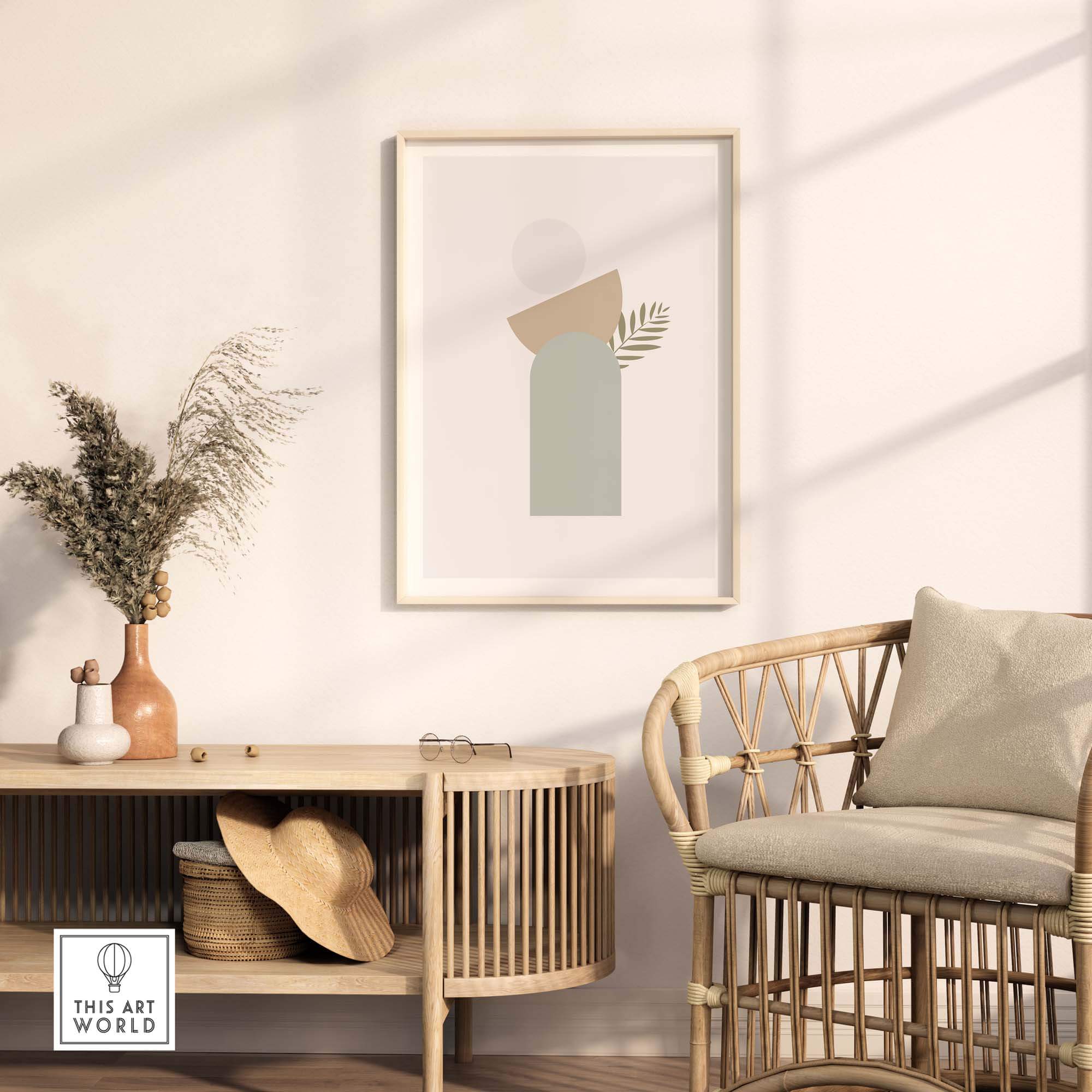 Abstract wall art featuring a modern green and neutral design, framed and displayed in a stylish living space.