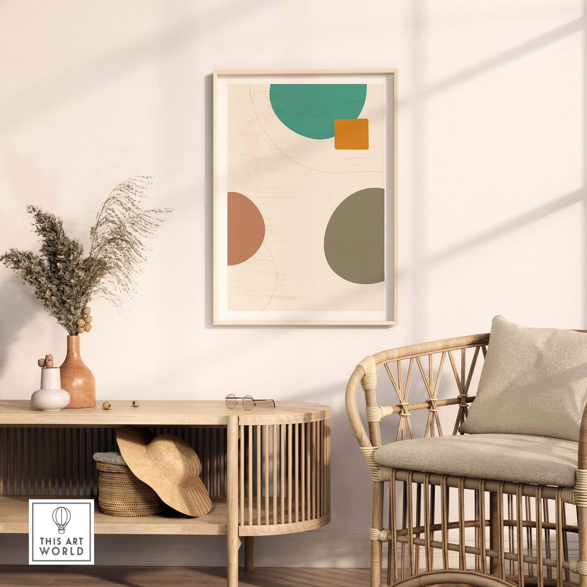 Modern abstract digital print with geometric shapes in a stylish living room setting.