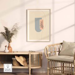 Boho art print in a modern living space, framed, showcasing abstract design with soft colors and botanical elements.