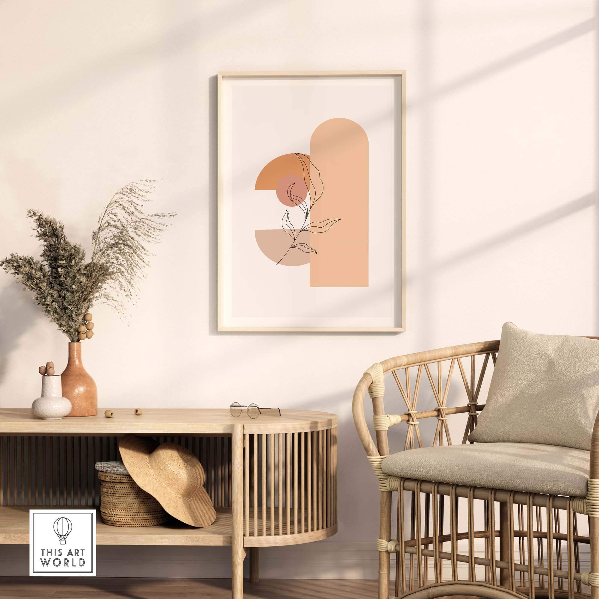 Mid Century abstract print featuring a floral design, framed art on a wall, stylish decor in a modern living room.