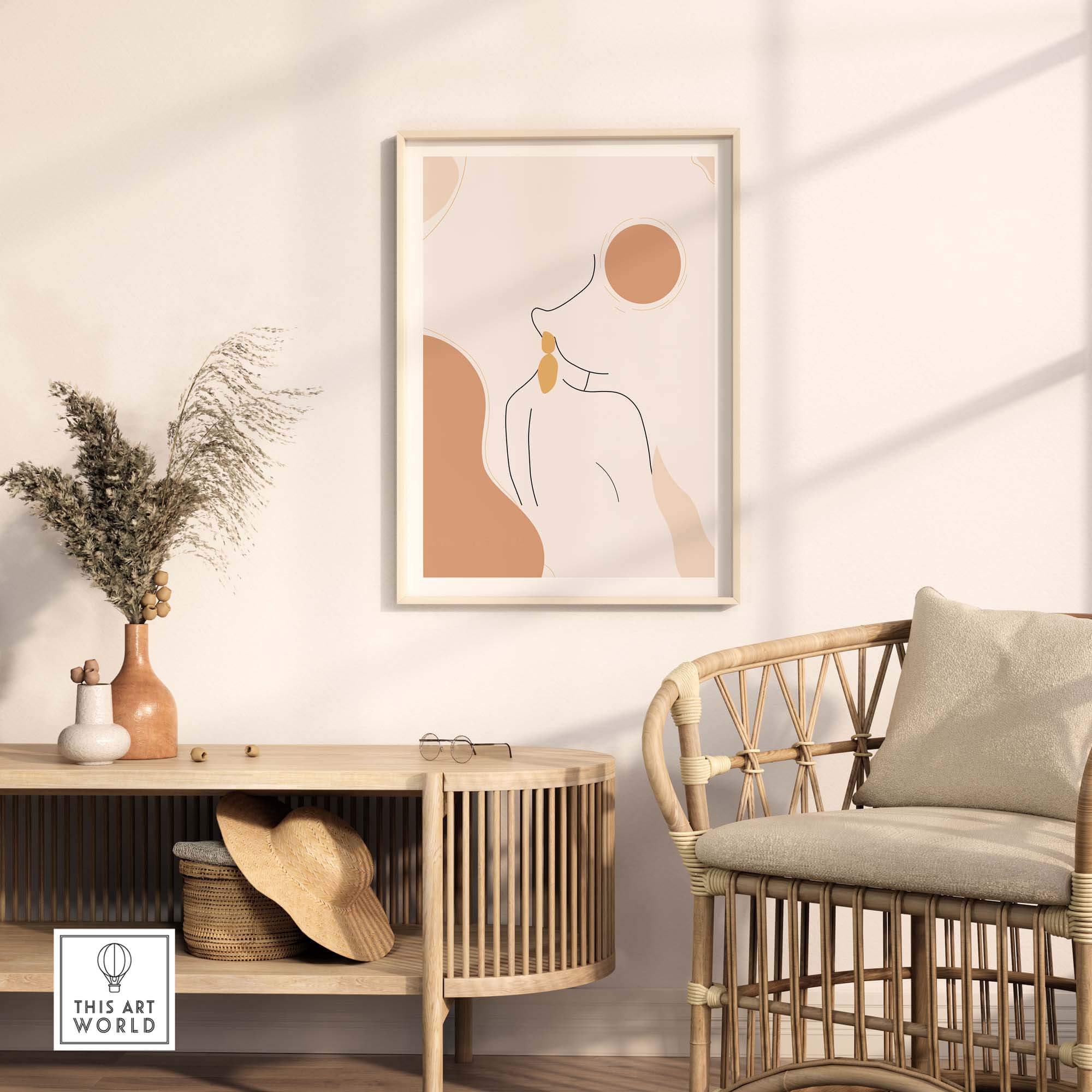 Abstract female outline print displayed in a stylish home setting, enhancing modern decor with contemporary art.