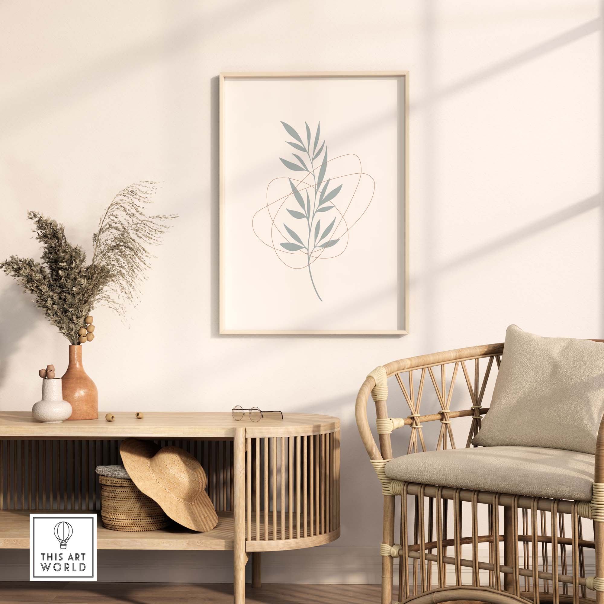 Leaf art print in a modern living space, framed and styled on a light wall with natural decor and a cozy chair.