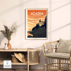 Acadia National Park wall art print in a stylish living room setting, featuring a lighthouse and sunset design.