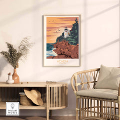 Acadia Poster Print Wall Art featuring a lighthouse and rocky coastline, perfect for home or office decor.
