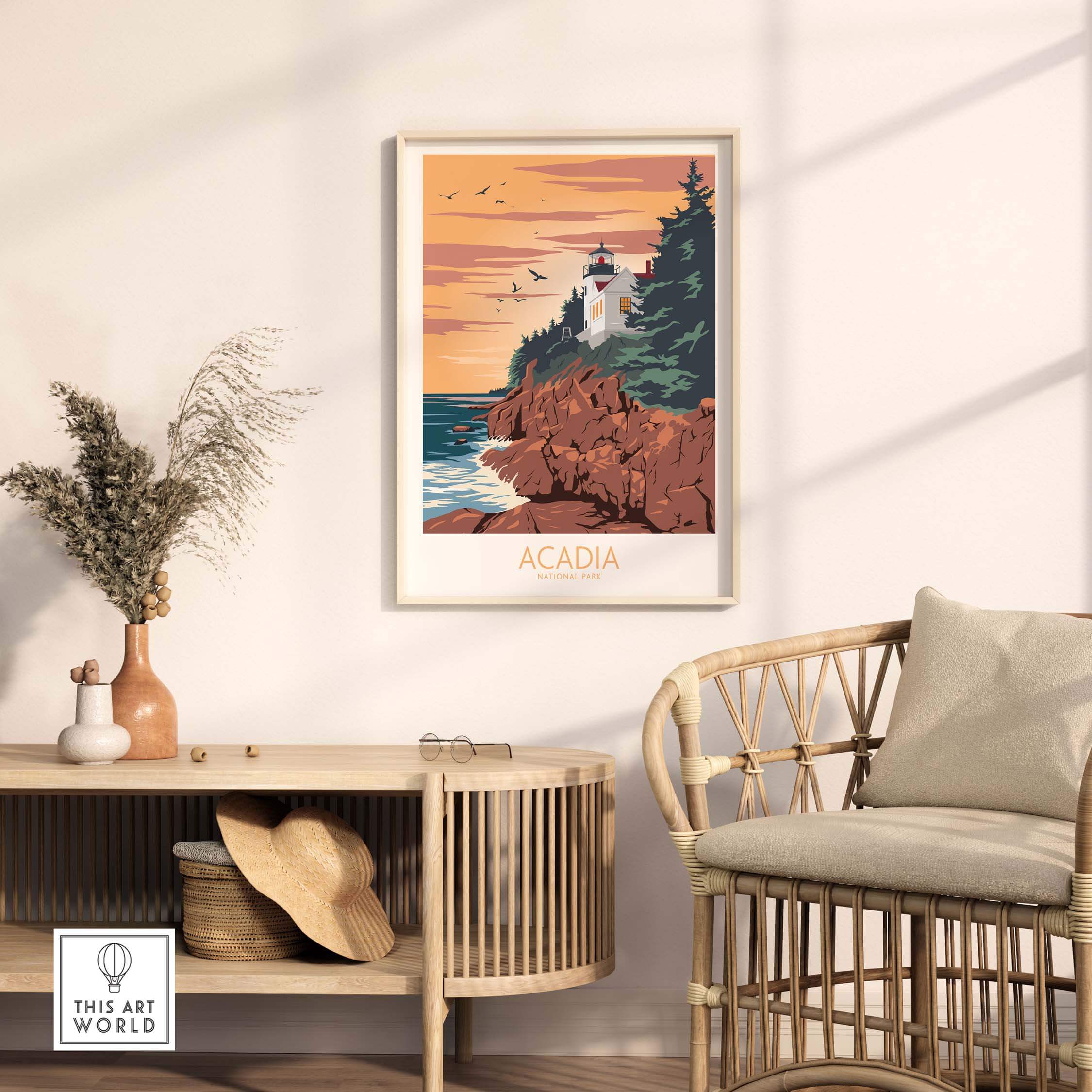 Acadia Poster Print Wall Art featuring a lighthouse and rocky coastline, perfect for home or office decor.